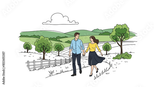 Young romantic couple holding hands and walking together illustration.