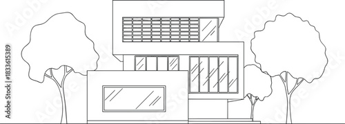 Continuous outline drawing of a modern luxury residential house exterior surrounded by trees, representing contemporary architecture and real estate vector