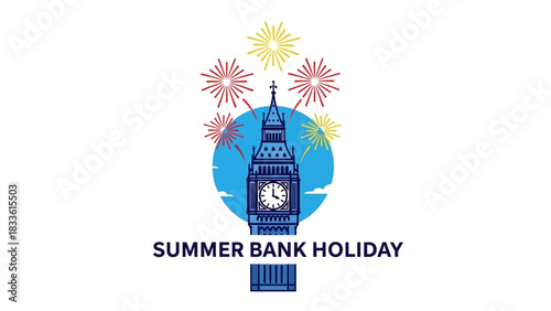 Summer Bank Holiday celebration in London with Big Ben and fireworks.