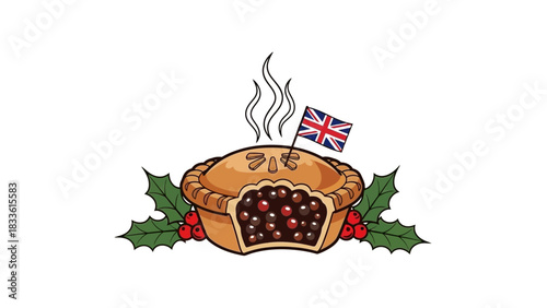 Delicious British pie with a flag and holly leaves for the holidays.