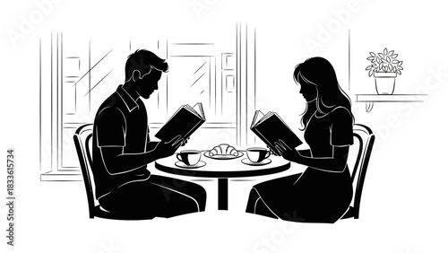 Silhouettes of a man and woman reading books at a cafe table.