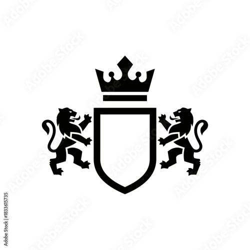Black and white heraldic crest with two rampant lions and crown vector template design