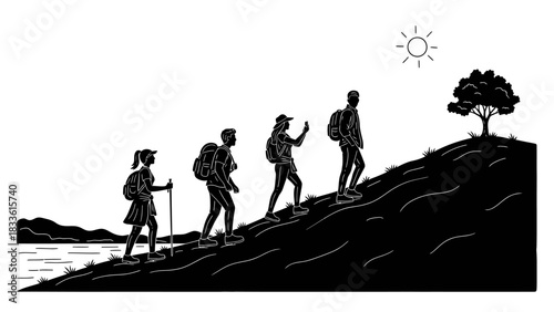 Group of Hikers Ascending a Hill Towards a Tree.