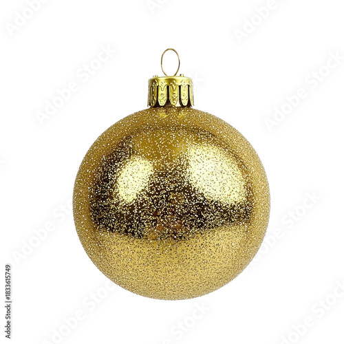 A gold glittery Christmas ornament with a gold metal top.