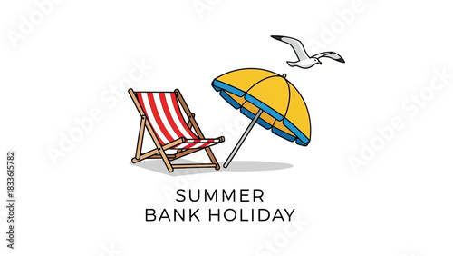Summer Bank Holiday Deck Chair and Umbrella with Seagull Illustration.