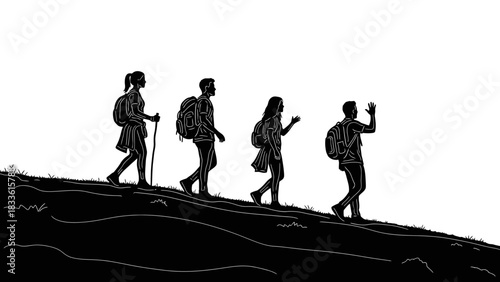 Silhouette of hikers walking uphill on a sunny day adventure.