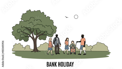 Family enjoying a bank holiday together in a park with a tree.