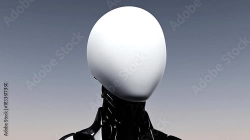 -A person with a white, oval-shaped head against a soft, blurred background. Black clothing  Footage