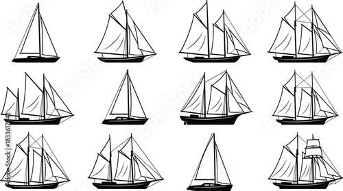 Black and White Vector Illustrations of Sailboats with Unique Hulls, Masts, and Sail Designs for Nautical, Educational, and Artistic Use