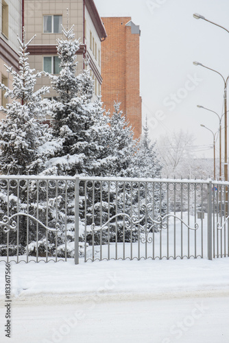 Gray metal fence with forged elements and a simple combination o