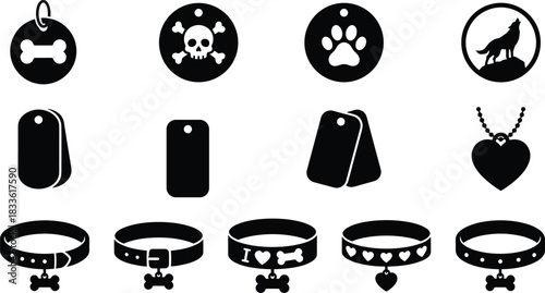 Black Silhouette Icons of Dog Tags and Collars Featuring Bones, Hearts, Paw Prints, and Pet Accessories for Identification and Style