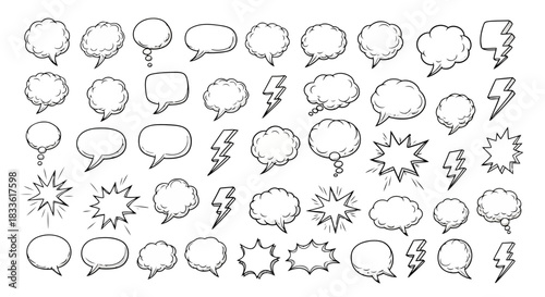 Set of various speech bubble and sound effect symbols in black and white