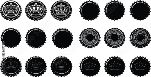Bottle cap silhouette, crown icon, black vector, ornamental design, packaging element, top view, embossed shape, branding graphic, isolated cap set