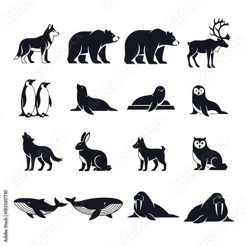 Black silhouettes of various animals including bears, penguins, wolves, and owls on