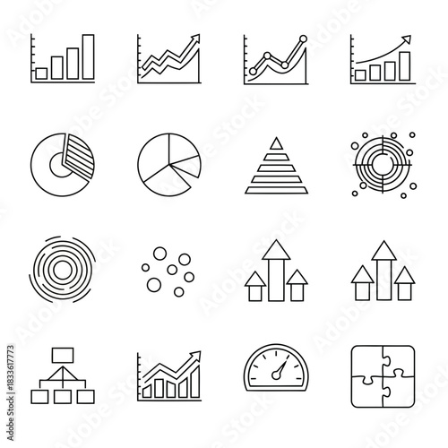 Set of various business and financial data visualization icons including charts, graphs, and diagrams