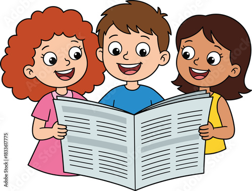 Cartoon children reading newspaper together, promoting literacy, curiosity, and shared learning in educational and playful classroom-style illustration