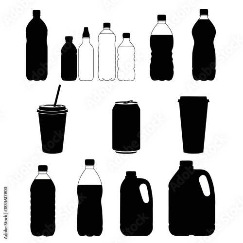 Assorted beverage containers including bottles, cans, and jugs in black and white silhouette style