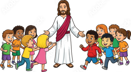 Cartoon Jesus with children, joyful expressions, spiritual theme, vector illustration, inclusive design, love and kindness, religious concept, happy gathering scene