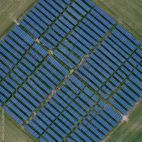 Aerial top-down view of massive solar farm array patterns