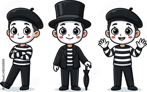 Cartoon mime characters, expressive faces, striped costumes, theatrical poses, black hats, silent performers, vector illustration, playful style, artistic concept, entertainment theme