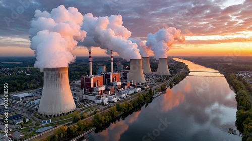Industrial Powerhouse by the River: An expansive industrial complex, with towering smokestacks billowing plumes of steam, sits on the bank of a serene river.