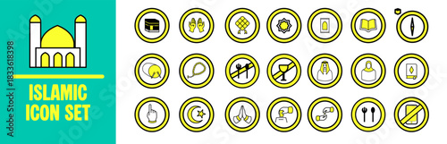 Ramadan Arabic Islamic Celebration Icon Set Vector Illustration Silhouette. Islamic icon with thin line style, Ramadan Kareem, Eid Mubarak. Islamic line art icons set. Ramadan Kareem line vector icon.