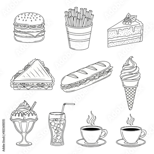 Assorted food items including burgers, fries, sandwiches, desserts, and beverages in a sketch style