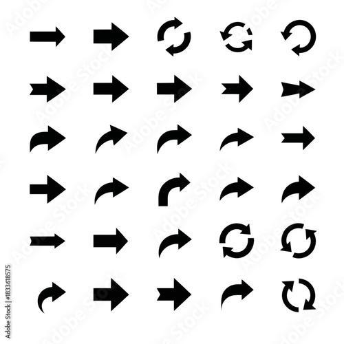 Set of various arrow and circular icons in black color