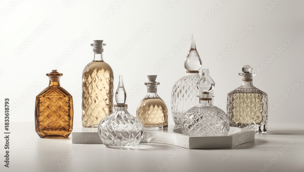 Naklejka premium Group of decorative glass bottles with intricate geometric patterns and cork stoppers are arranged on a white surface, displaying a variety of shapes and sizes with varying shades of gold and clear...