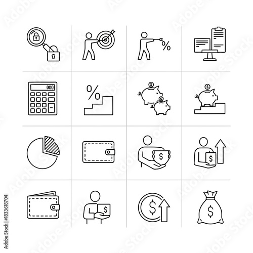 Set of icons representing various financial and business concepts like banking, investment, and transactions