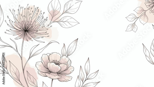 Delicate hand drawn floral pattern with soft pink watercolor accents and black outline sketch of chrysanthemum and peony flowers isolated on