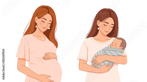 Illustration of a woman showing pregnancy progression from expecting mother holding belly to new mother lovingly holding newborn baby, isolated on