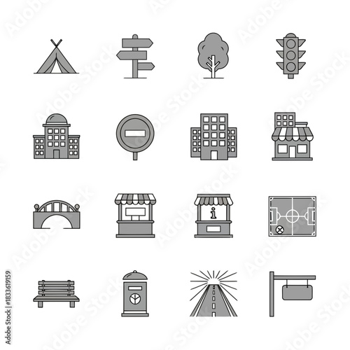 Collection of various city and urban life icons including buildings, traffic lights, and public amenities