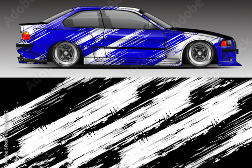 Illustration vector grahic of Car wrap decal with abstract design. Black blue white colour. Livery car editable. Mockup template sticker vinyl for racing, rally, or daily use.