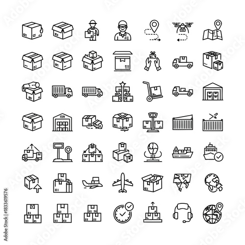 Set of icons representing logistics, transportation, and supply chain management activities
