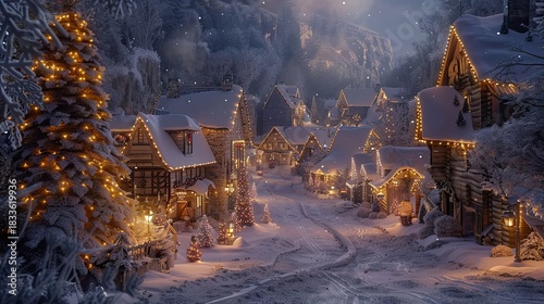 Peaceful snowy village glowing with warm Christmas lights and winter charm.