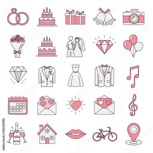 Romantic wedding icons set with rings, cake, gifts, and love symbols for wedding planning and celebration