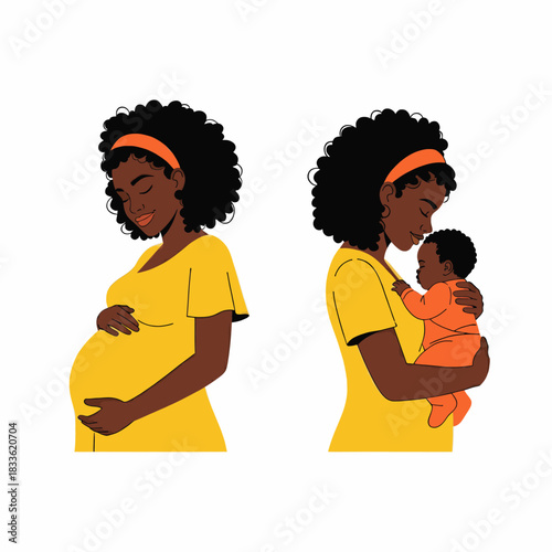 Illustration showing the journey of motherhood with a pregnant black woman and a mother holding her baby, isolated on