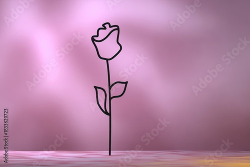 Minimalistic Black Line Drawing of Single Rose on Soft Pink Background