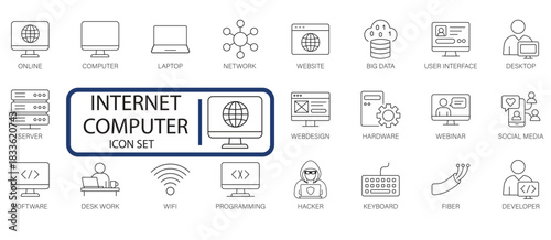 Internet icon set. Containing online, computer, network, website, server, web design, hardware, software, data center, WiFi, hotspot, router and more. Editable line icons. Vector illustration