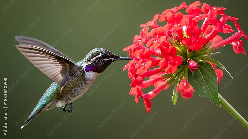 Fototapeta premium Hummingbird drinking nectar from red flowers