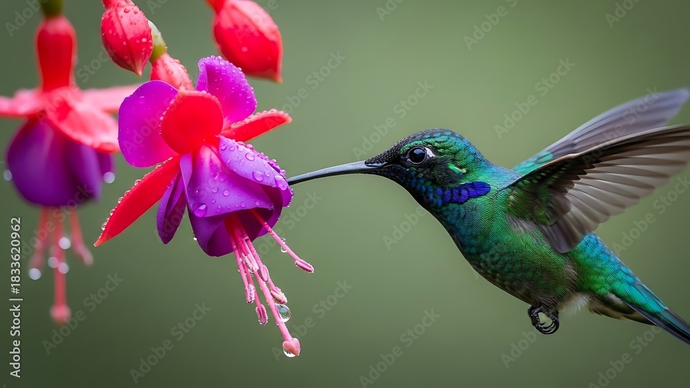 Obraz premium Hummingbird feeding on a fuchsia flower