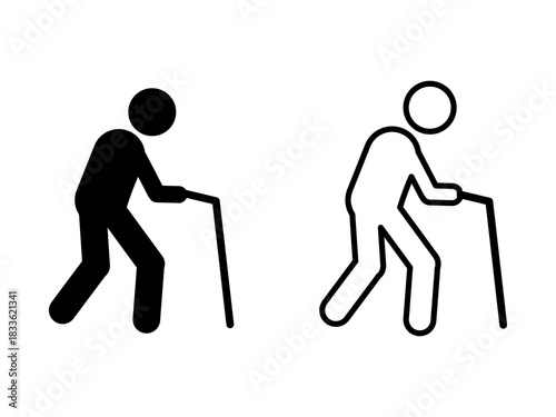 Icon of a person walking with a cane, symbol of old age.