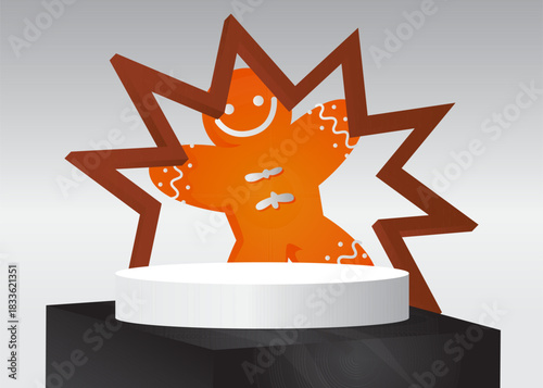 Mockup product display with Gingerbread Man Christmas Cookie. Vector cylinder pedestal podium. Stage showcase for presentation. Minimal geometric forms.