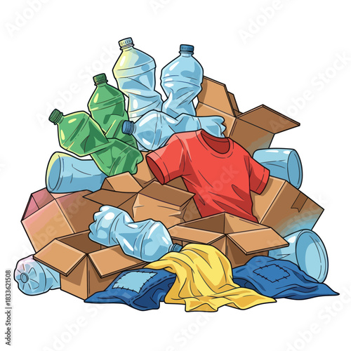 Pile of discarded items including bottles boxes and clothing.