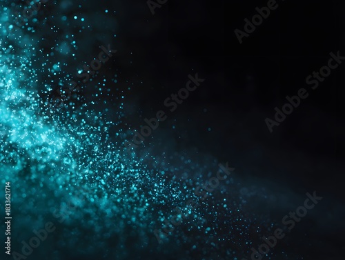 Glowing teal-blue particles floating, top-left corner empty