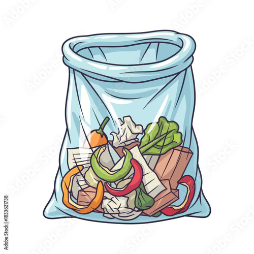 Transparent trash bag filled with organic waste and scraps.