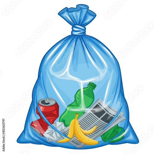 Blue plastic garbage bag filled with various trash items.