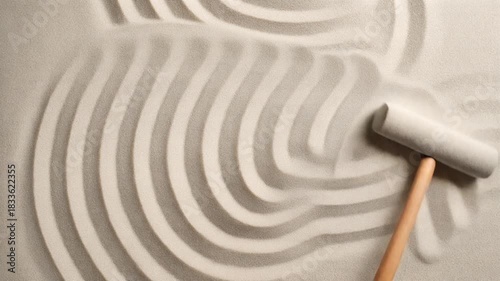 Zen garden with rake drawing concentric circles in sand.