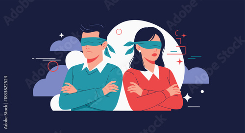 Blindfolded man and woman standing back to back with their arms crossed, symbolizing a relationship conflict, misunderstanding, or disagreement.